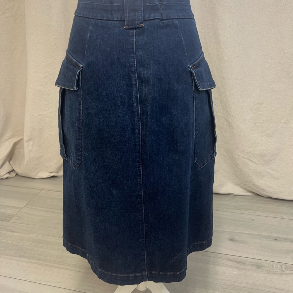Massomi Dutti Dark Denim Midi Skirt Cargo Pockets Sz 4 Utility A-Line Minimalist - Picture 5 of 8